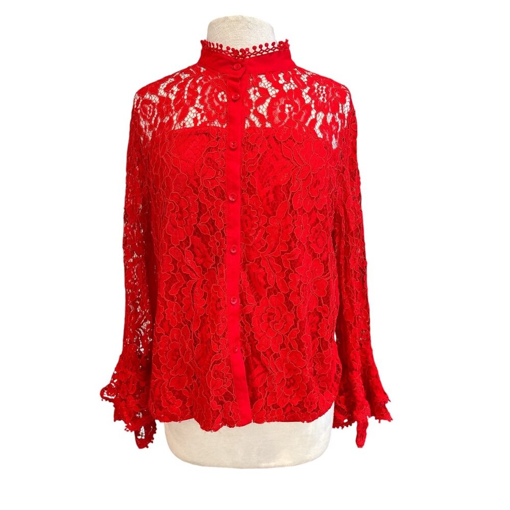 WoWo Red Lace Button-Up Blouse With Bell Sleeves & High Neckline
